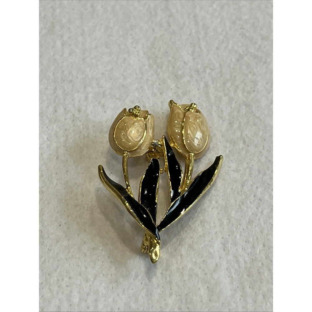 Vintage Tulip Enameled Pin Brooch Black Gold Tone And Cream